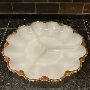 Vintage Anchor Hocking Fire-King Milk Glass Divided Relish Dish w/ Gold Trim